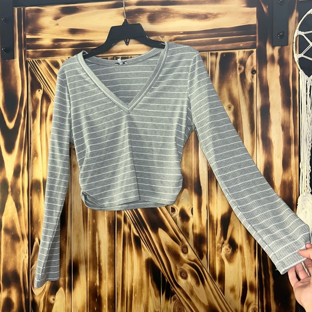 Gray Striped V-Neck Women's Top